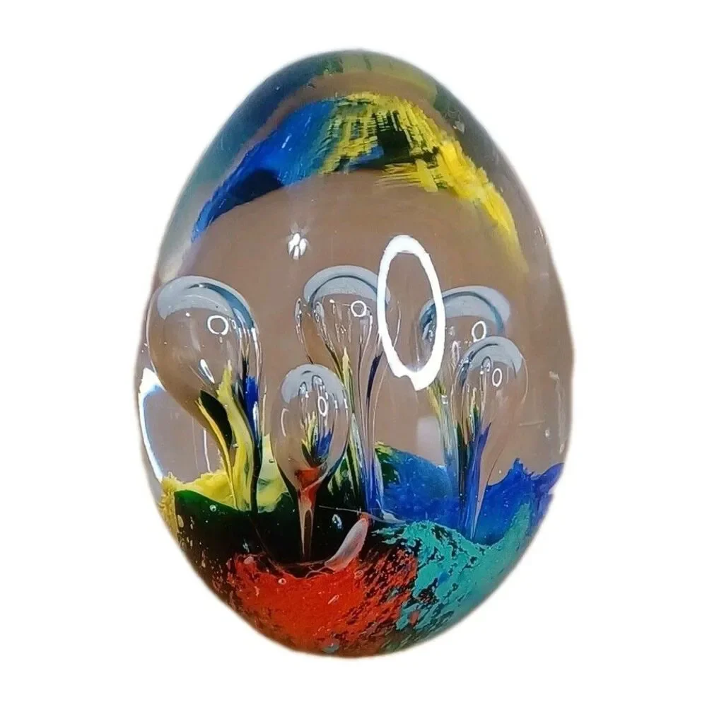Hand Blown Art Glass Paperweight Controlled Bubbles Blue Multicolor Polished 3”